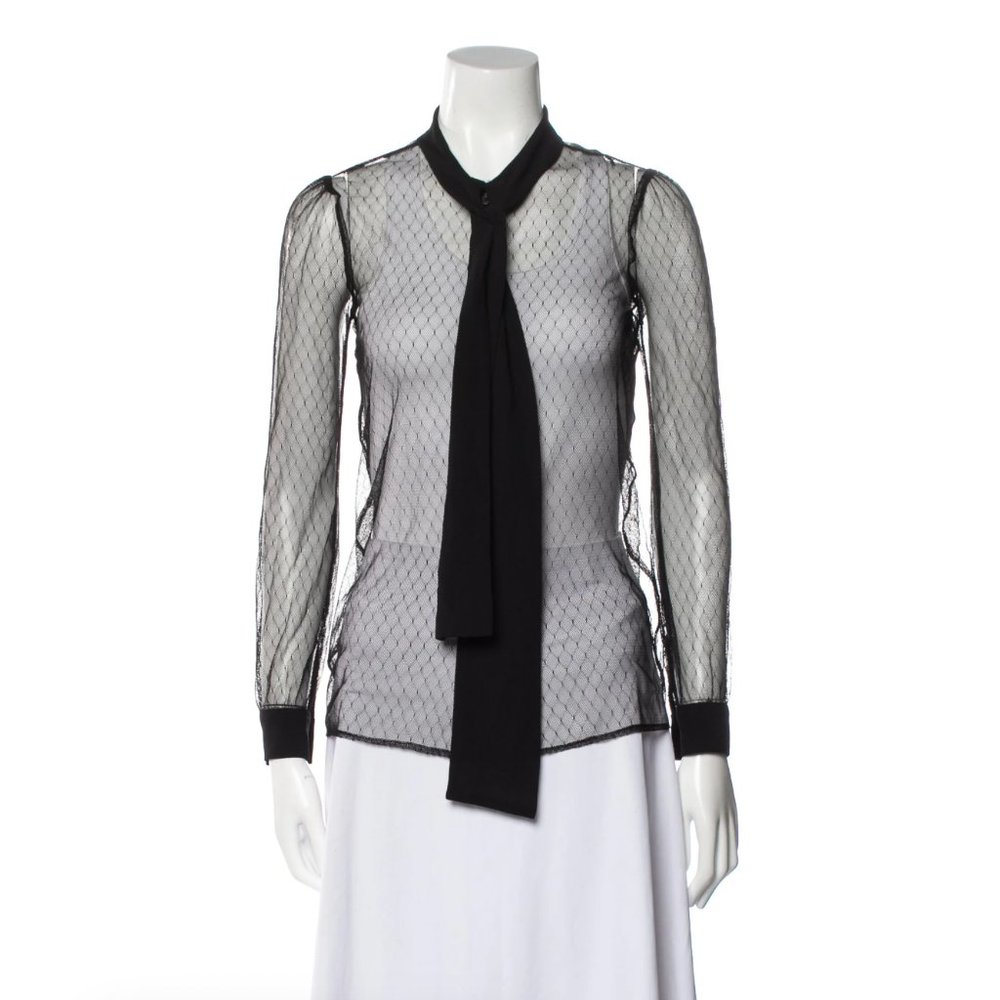 Michael Kors Women's Mesh Top See Through Tie Long Sleeve Button-Up Black Sz XXS